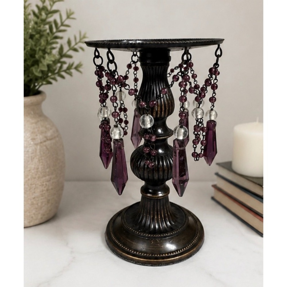 Vintage Solid Brass Pedestal Candle Holder Purple Crystal Beaded Dangles India